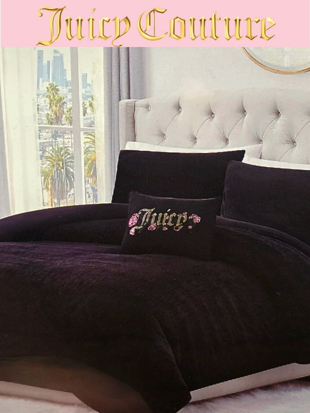 Juicy Couture Home 4-PC Queen Ruched Rhinestone Floral Logo Velvet Bed Set